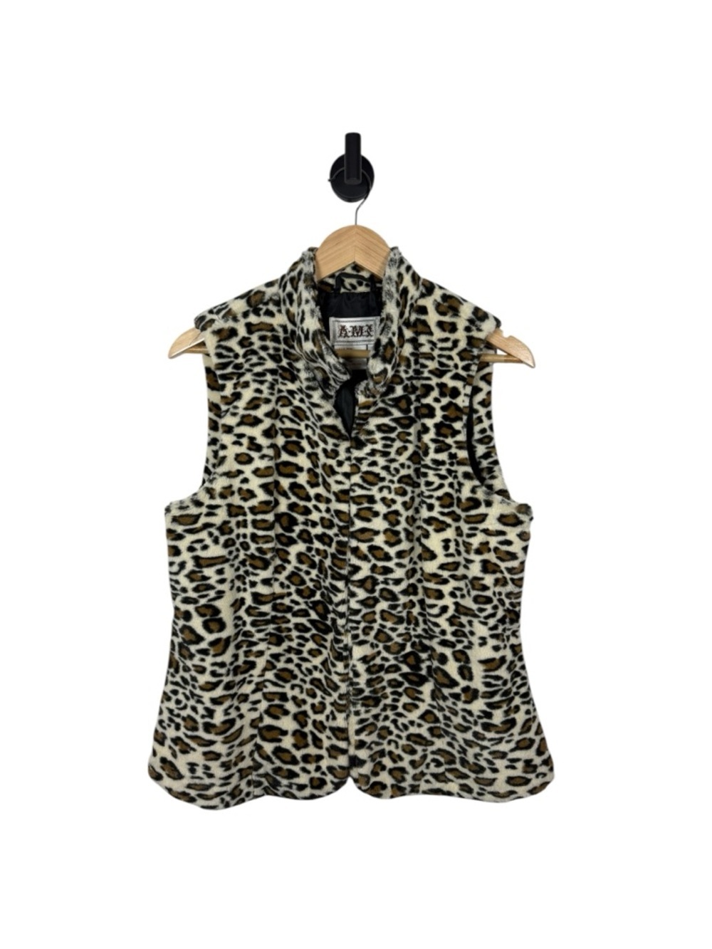 AMX Leopard Faux Fur Vest Womens Large Soft Fuzzy Animal Print Layering Pockets